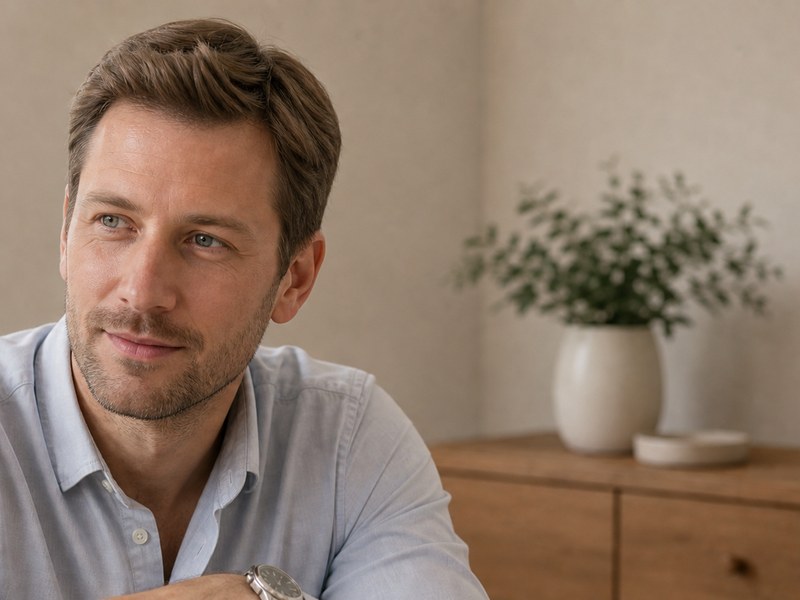 Portrait eines Mannes mit kurz geschnittenem Haar – Toupet in Balingen.